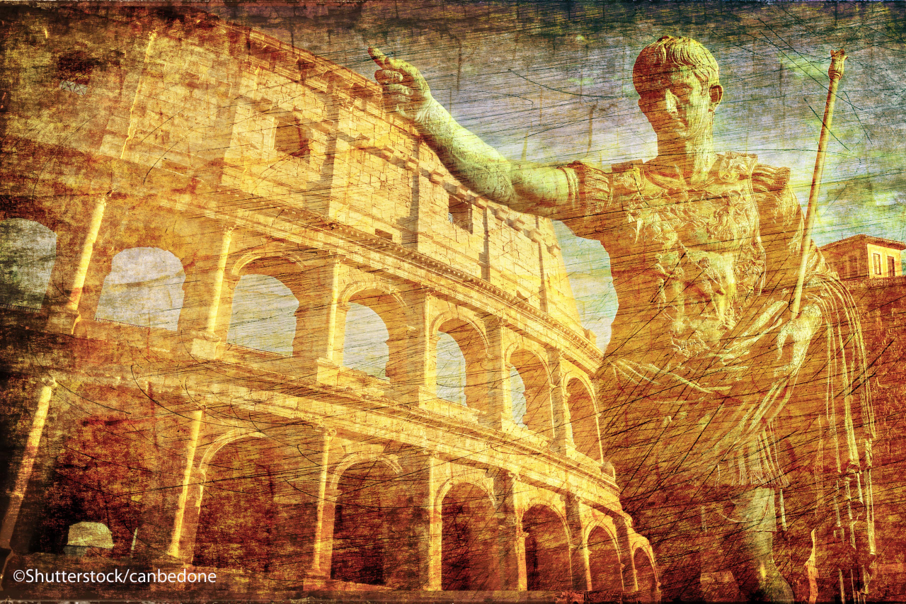 Ancient Romans Signs Background with Imperator Statue Conqueror Colosseum  Old Europe Map