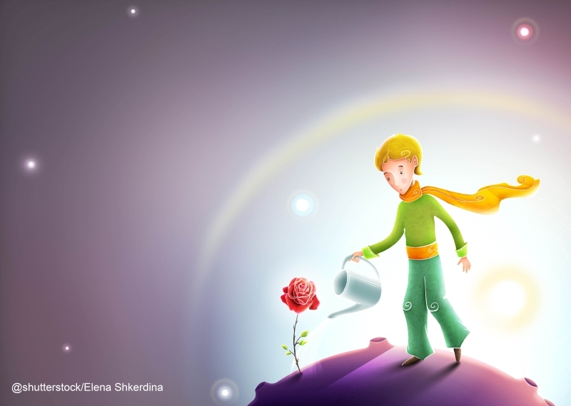 Little prince watering a rose. Le petit prince illustration. Cute little prince with orange scarf on a small asteroid planet. Beautiful universe and stars behind the little boy.