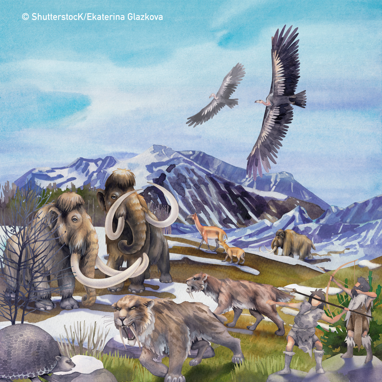 Watercolor scene of cavemen hunting on prehistoric giant animals with a mountain landscape on a background. Hand painted illustration of the Ice Age