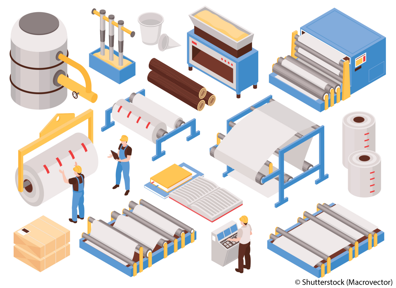 Paper manufacturing automated process machinery isometric set with pulping pressing drying sheet forming packaging isolated vector illustration 