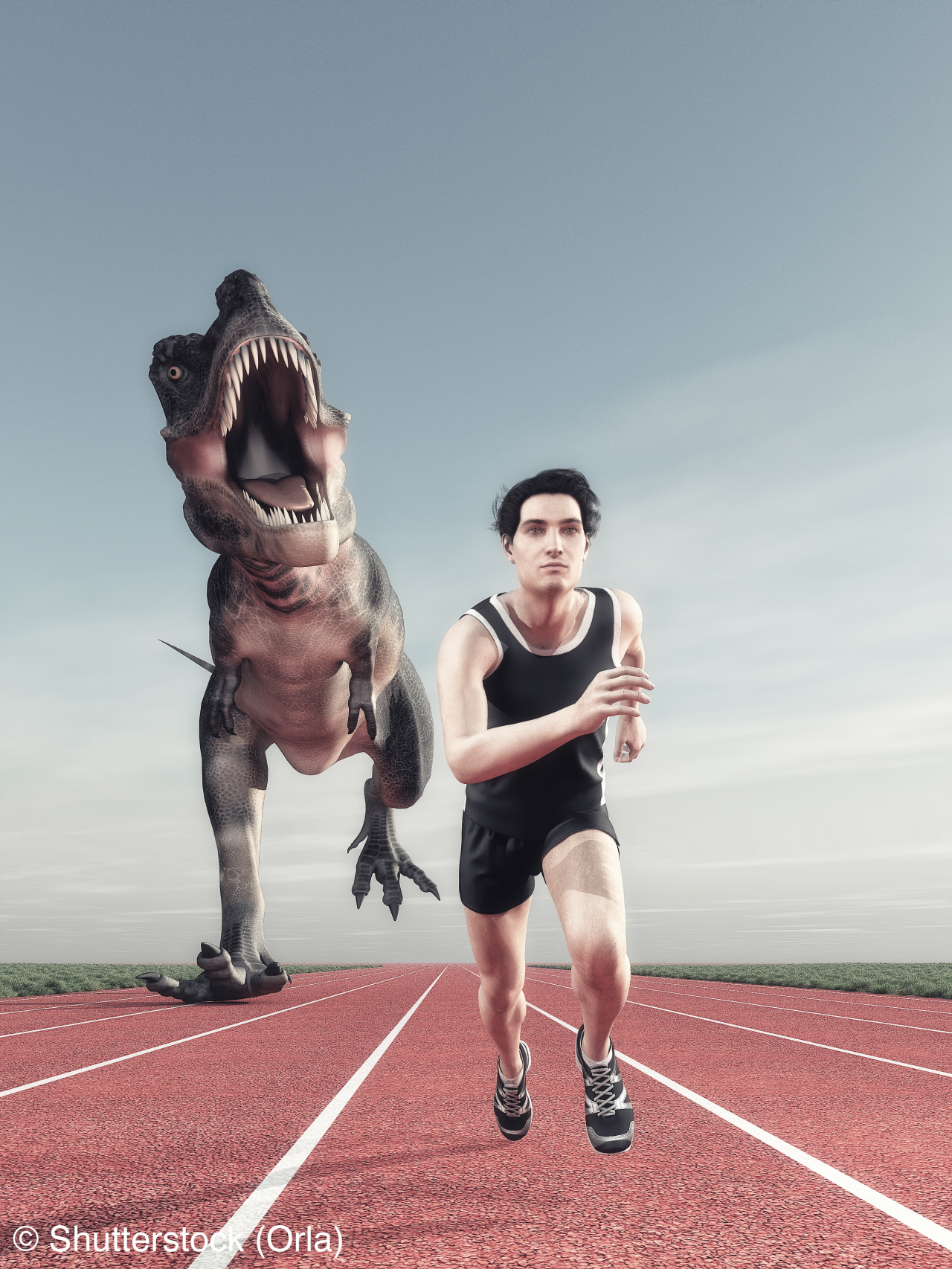 An athlete and a dinosaur running on a running track. This is a 3d render illustration