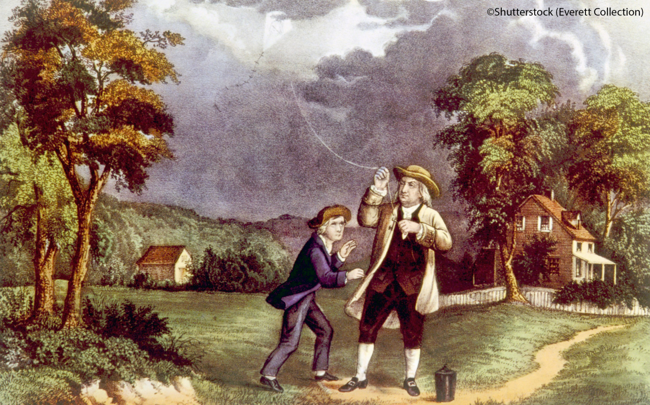 'Franklin's Experiment, June 1752,' Benjamin franklin demonstrating the identity of lightning and electricity from which he invented the lightning rod, painting by Currier & Ives, 1876