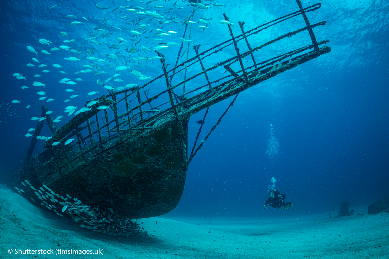 Women diver explores the wrecks at the Bridge dive site on the island of Sint Maarten, Dutch Caribbean