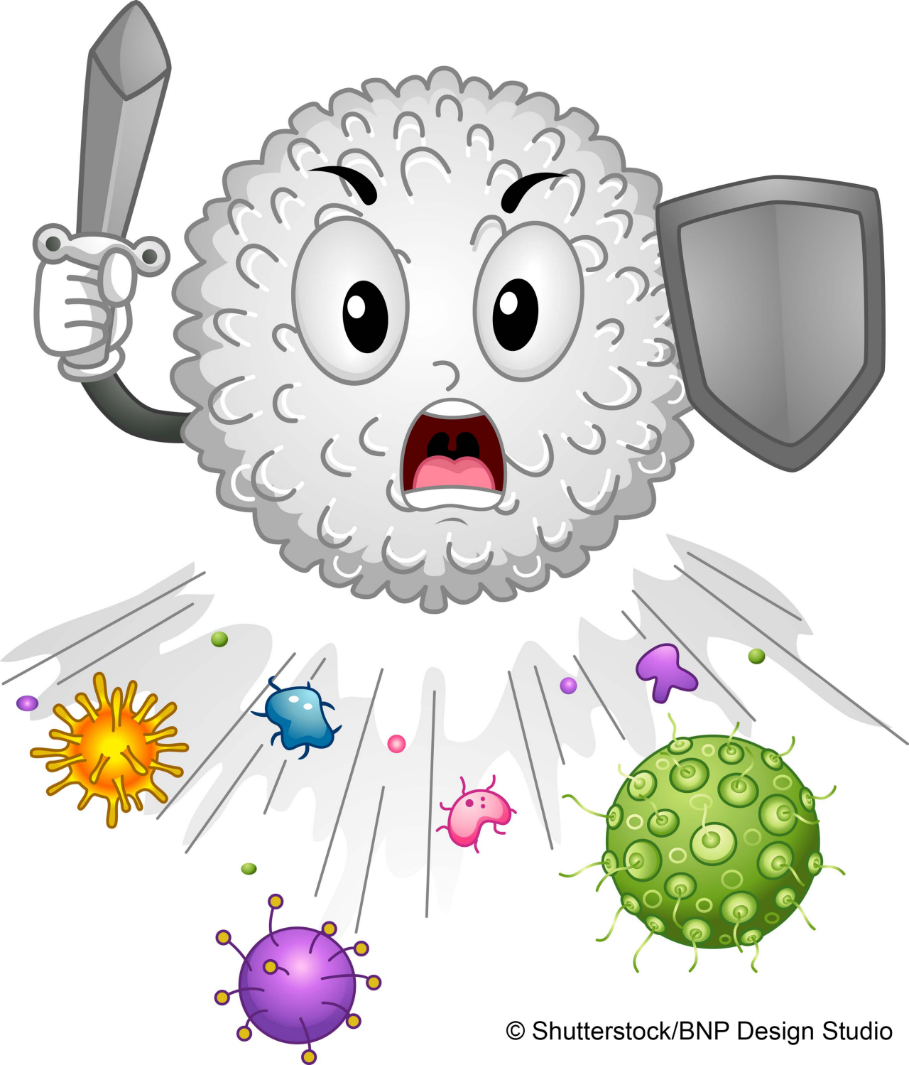 Mascot Illustration Featuring a White Blood Cell Chasing Antigens Away