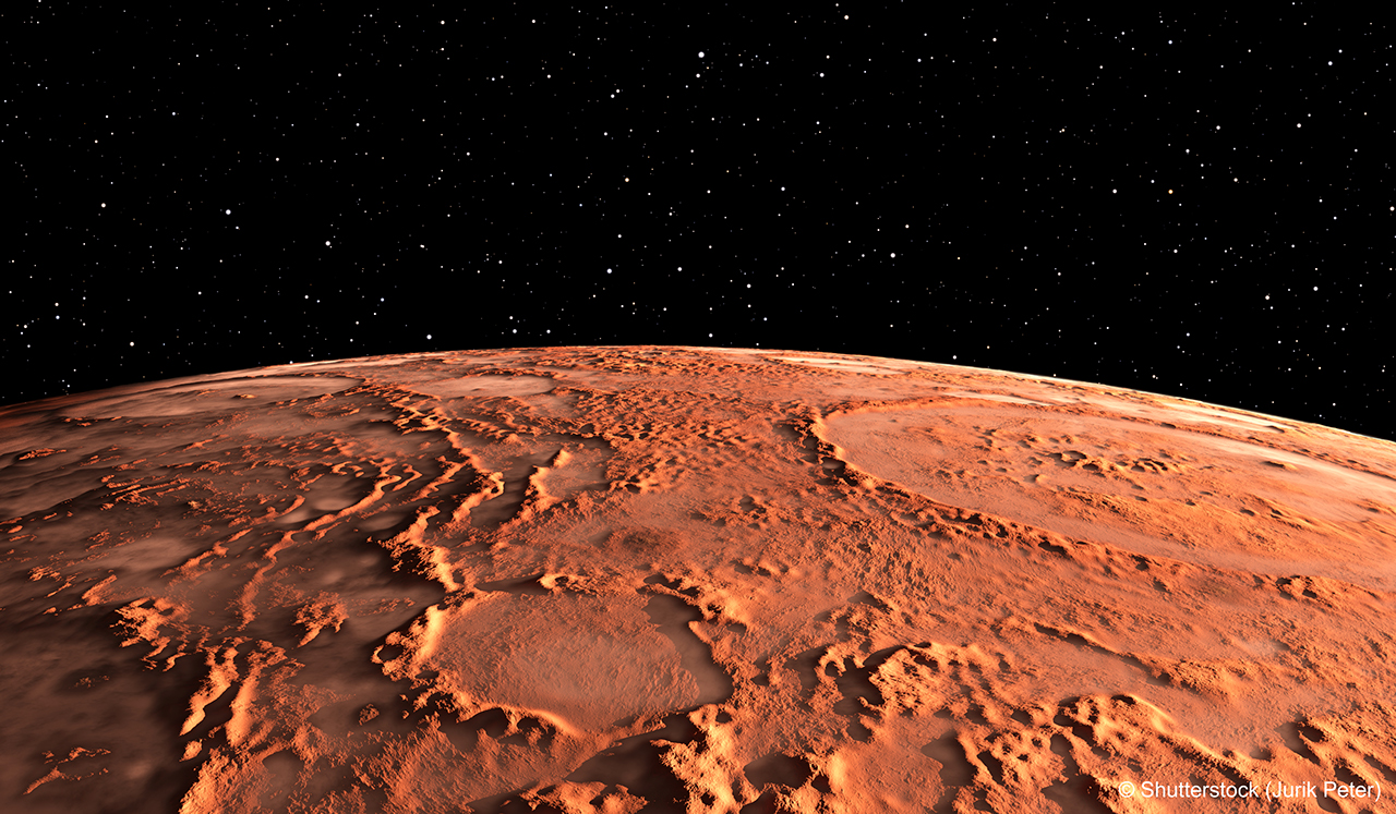Mars - the red planet. Martian surface and dust in the atmosphere. 3D illustration