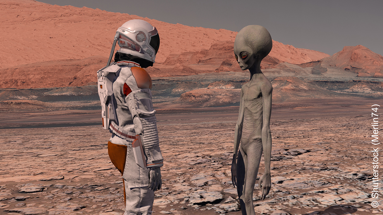 Astronaut meets a Martian on Mars. First contact. Alien on Mars. Exploring mission to mars. Colonization and space exploration concept. 3d rendering. Elements of this video furnished by NASA.