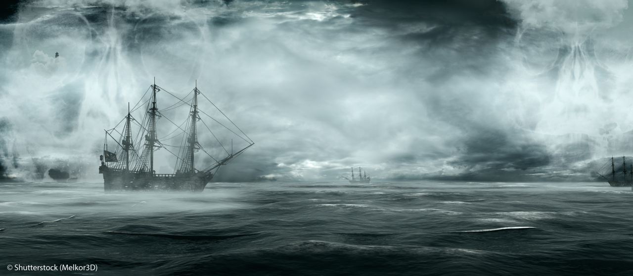 Landscape with wrecks on the stormy sea. 3D illustration.