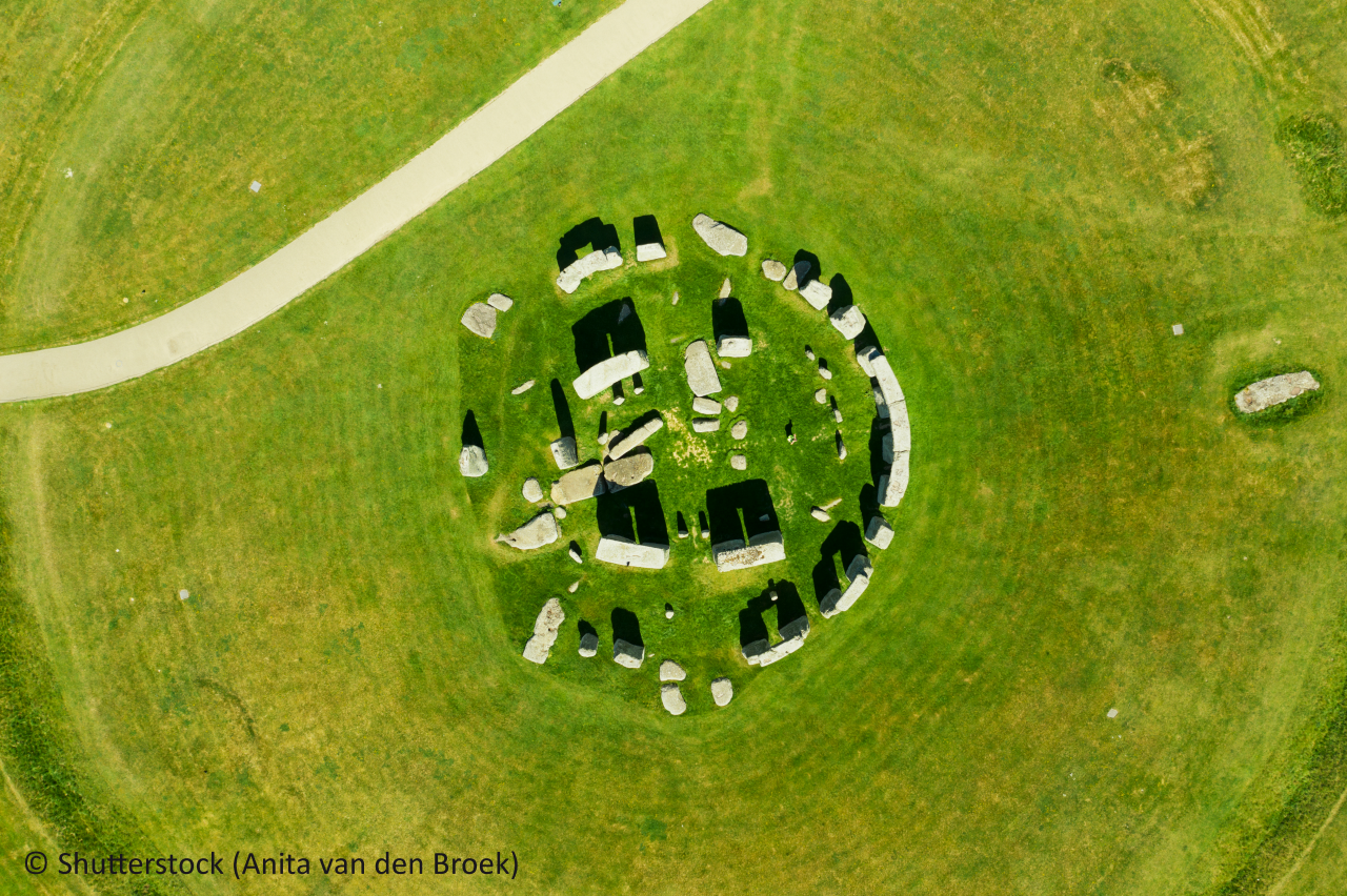 Aerial view of Stonehendge on a sunny day in summer with no people around. This is a historic site with a ring of standing stones, it was believed to be a burial site.