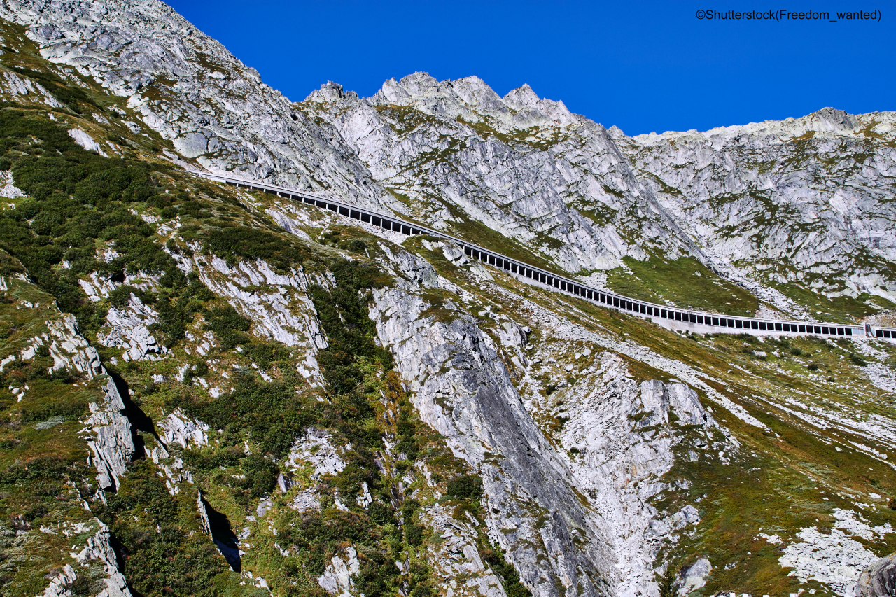 Driving up the Via Tremola with view to the new Gotthard Pass Tunnel, Switzerland