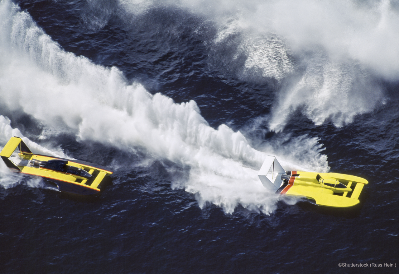 Aerial of Hydroplane boats racing, Seafair, Seattle, Washington
