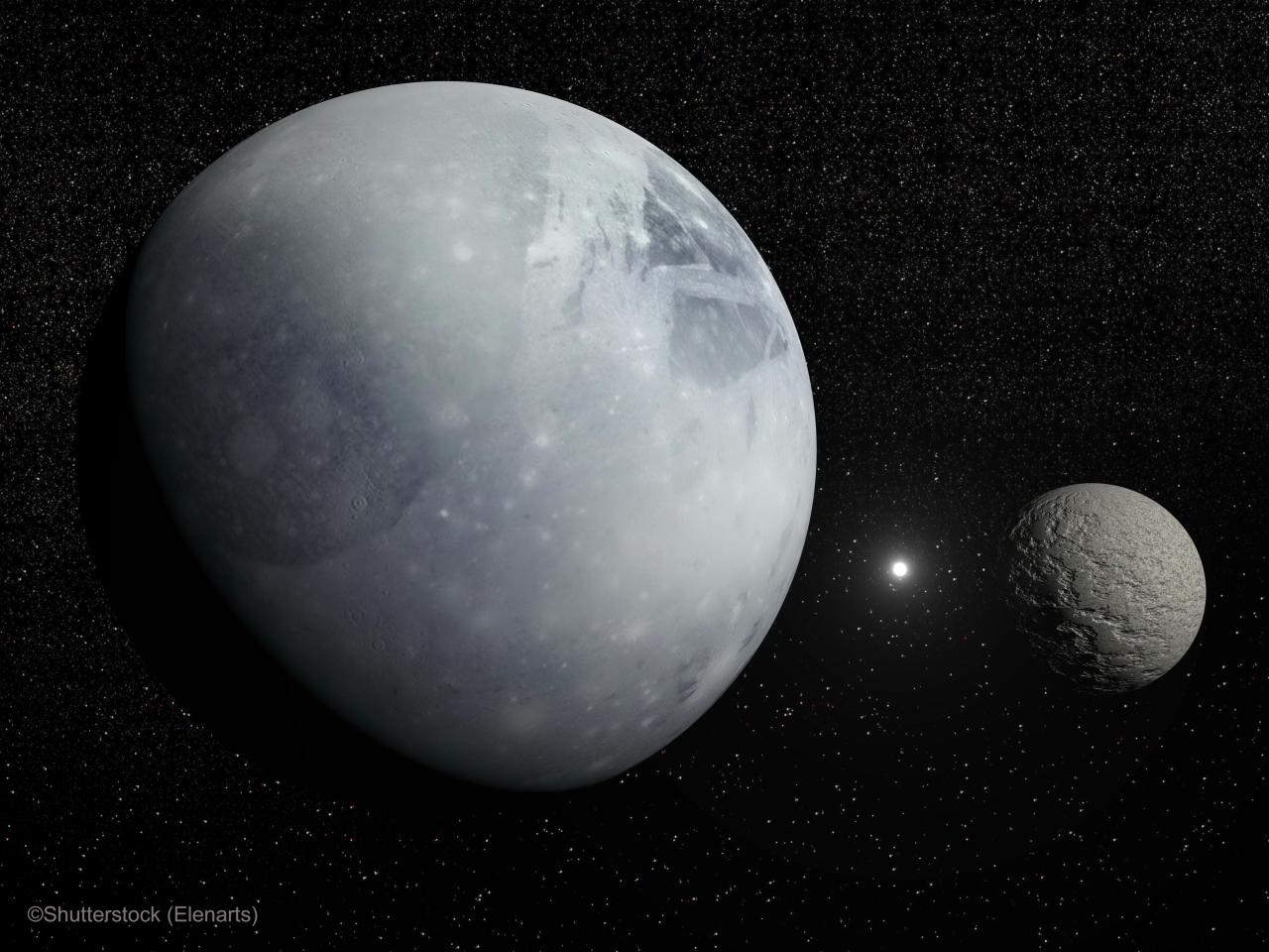 Pluton, its big moon Charon and Polaris star in dark starry background - Elements of this image furnished by NASA